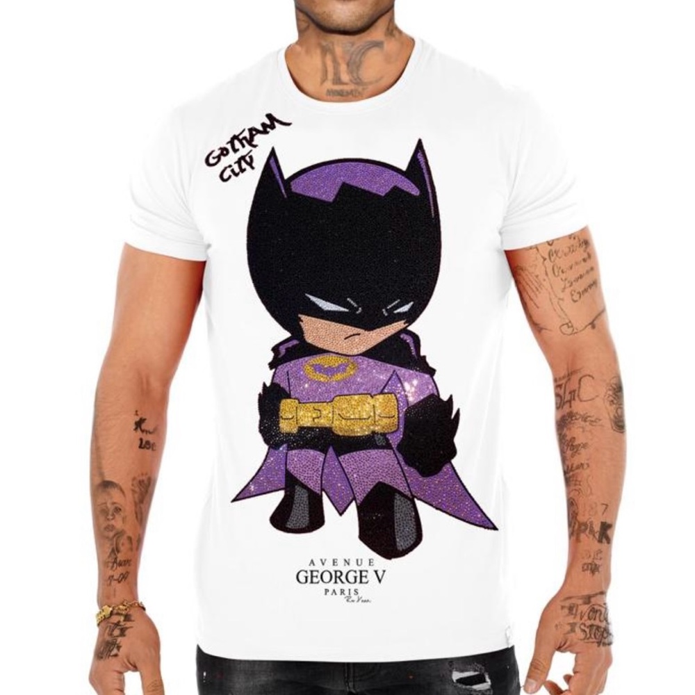 Avenue George V Paris Men's T-Shirt Batman white Short Sleeve Tee Rhinestone NWT